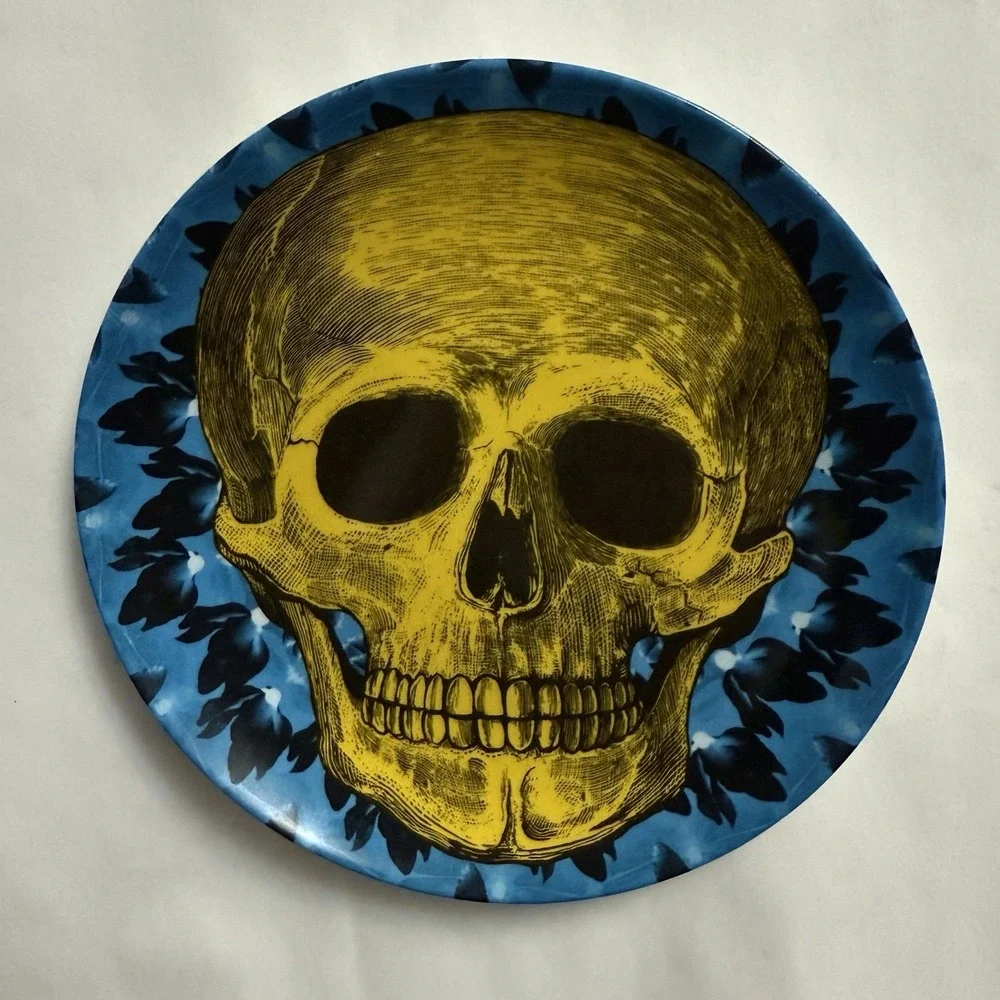 Crate And Barrel CB2 Skull‎ Plate Blue Yellow Salad Bread Appetizer 6